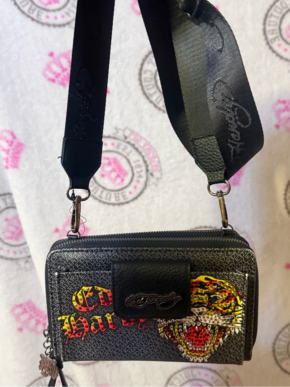 Ed Hardy Black Crossbody Wallet with Multicolor Tiger Graphic
